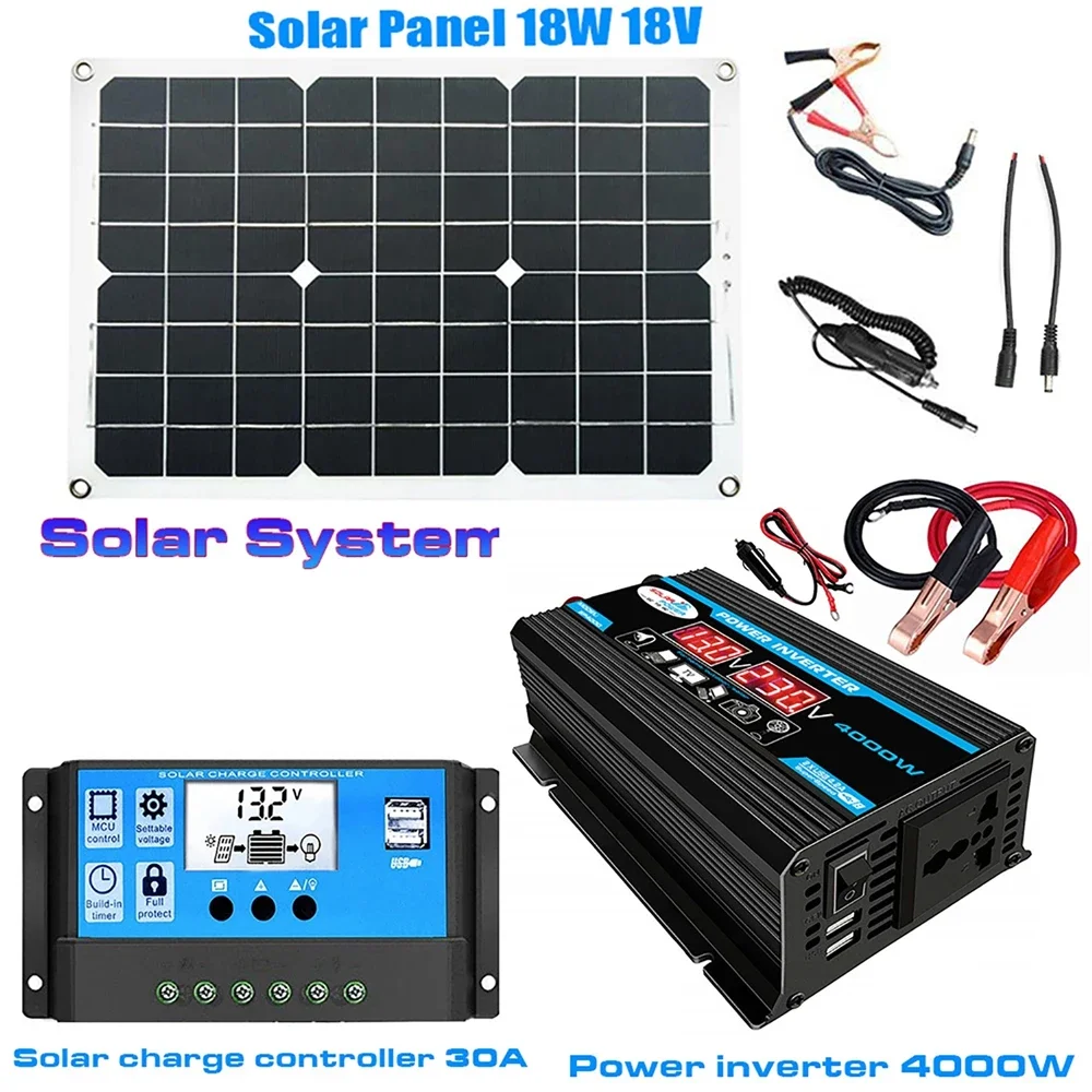 

18W 18V Solar Panel with 30A Solar Charge Controller 4000W Power Inverter 12V TO 110V 220V Voltage Power Transformer for Car