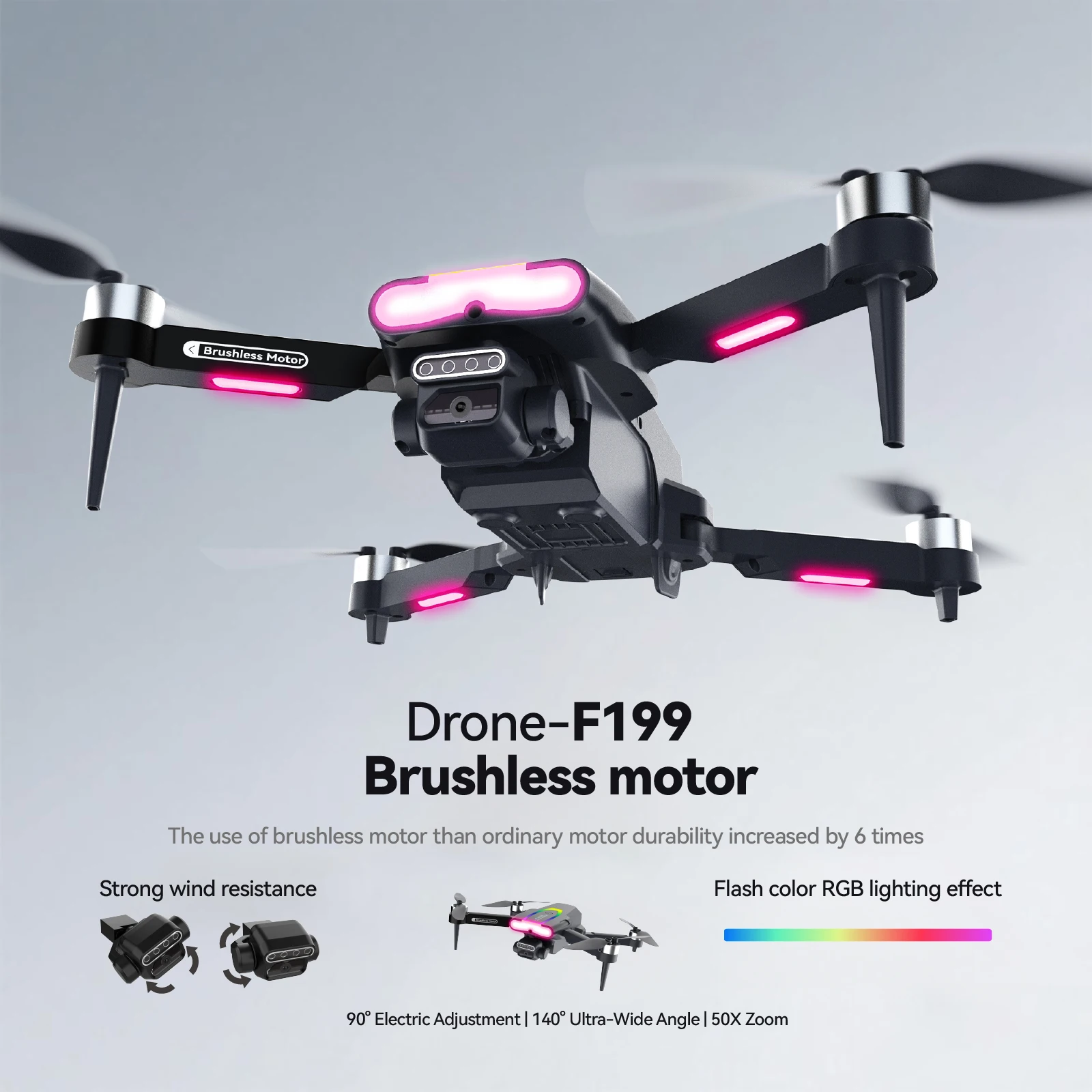 

Quadcopter Foldable F199 Drone, HD dual cameras, brushless motor, intelligent obstacle avoidance, RGB lights, optical flow hover