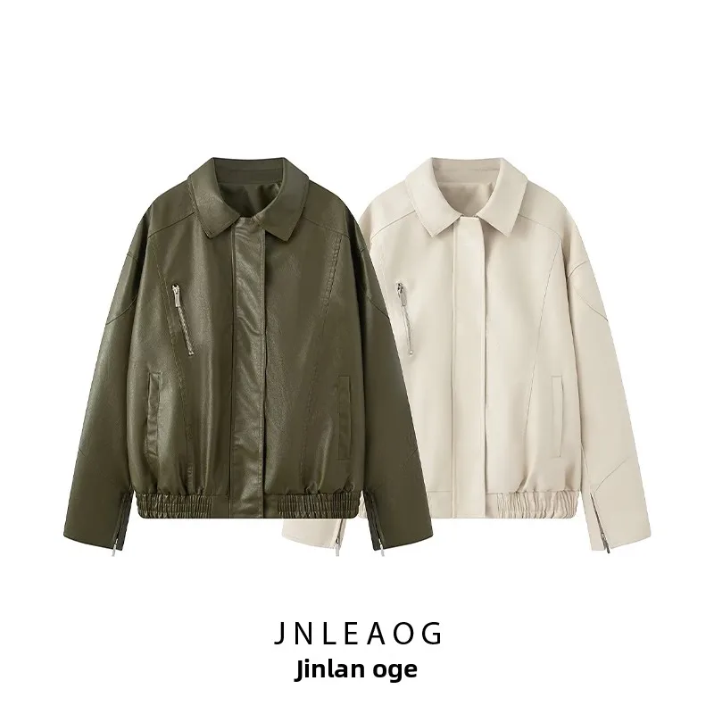 

Faionable Retro Sle Women's Casual Leather Jaet Loose Fit Autumn New Arrival ular Internet Celebri Sle Polyester...