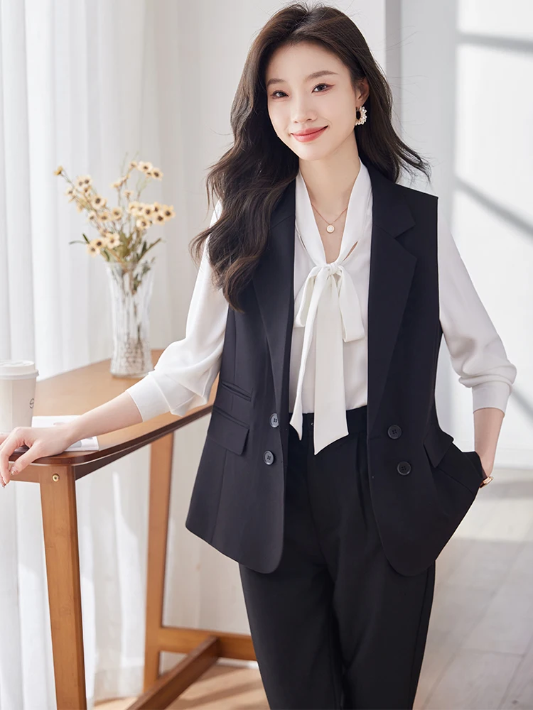 Black Coffee Beige Vest and Pant Suit Women Slim Sleeveless Blazer Trouser Two Pieces Set for Office Ladies Business Work Wear