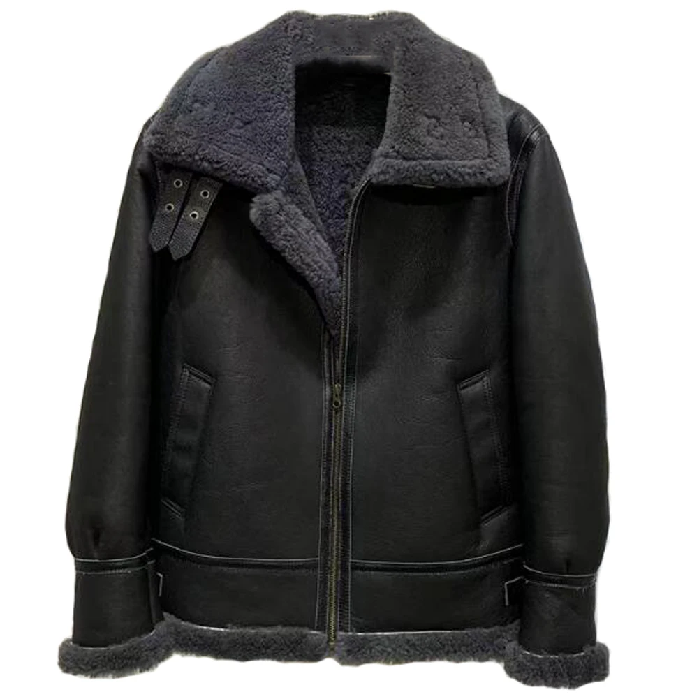 Denny&Dora Grey Shearling Jacket Genuine Shearling Bomber Jacket Short Sheepskin Coat For Men