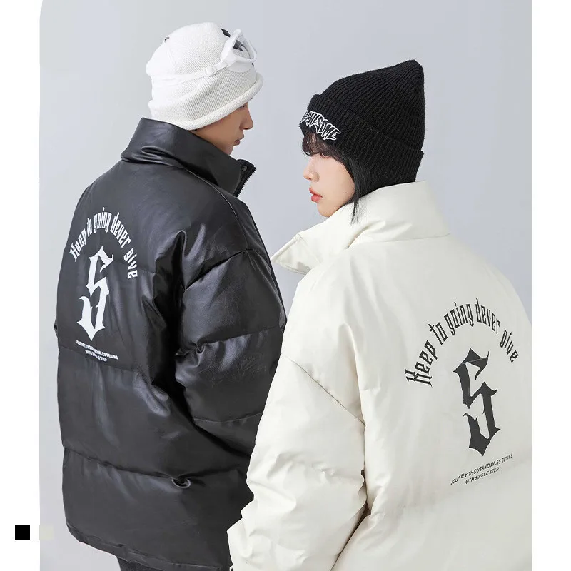 

Men's Fashion Brand PU Leather Cotton Padded Jacket Coat Women 2022 Winter New Style Couple American Printed Cotton Coat Women