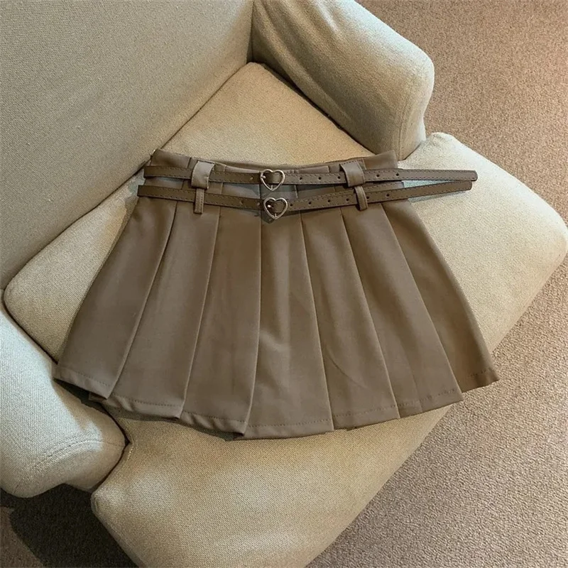 Mini jupe plissée pour femmes, avec ceinture double cœur, pour adolescentes, taille haute, jupe de Tennis, tenue d'été Preppy Y2K