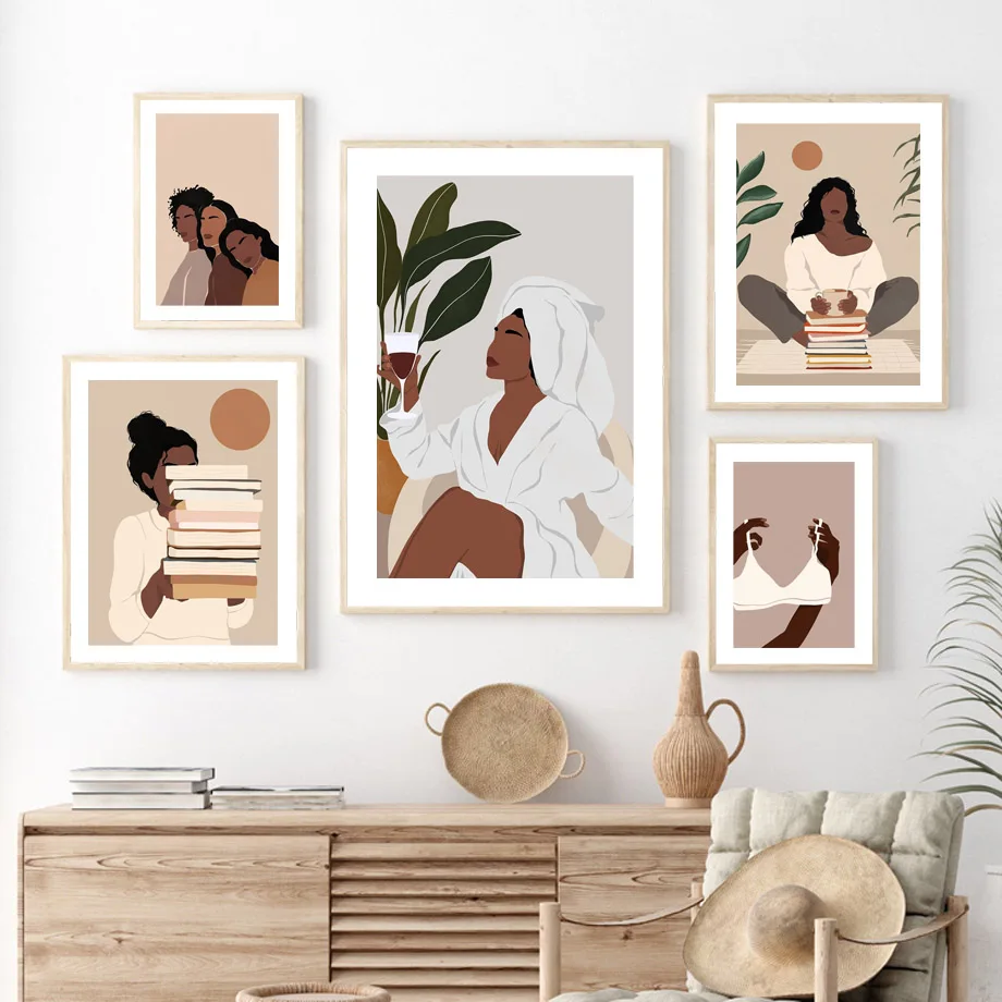 Black Woman Wall Art Mural Print Boho Neutral Minimalist Abstract Female Figure Canvas Poster Modern Bedroom Living Room Decor
