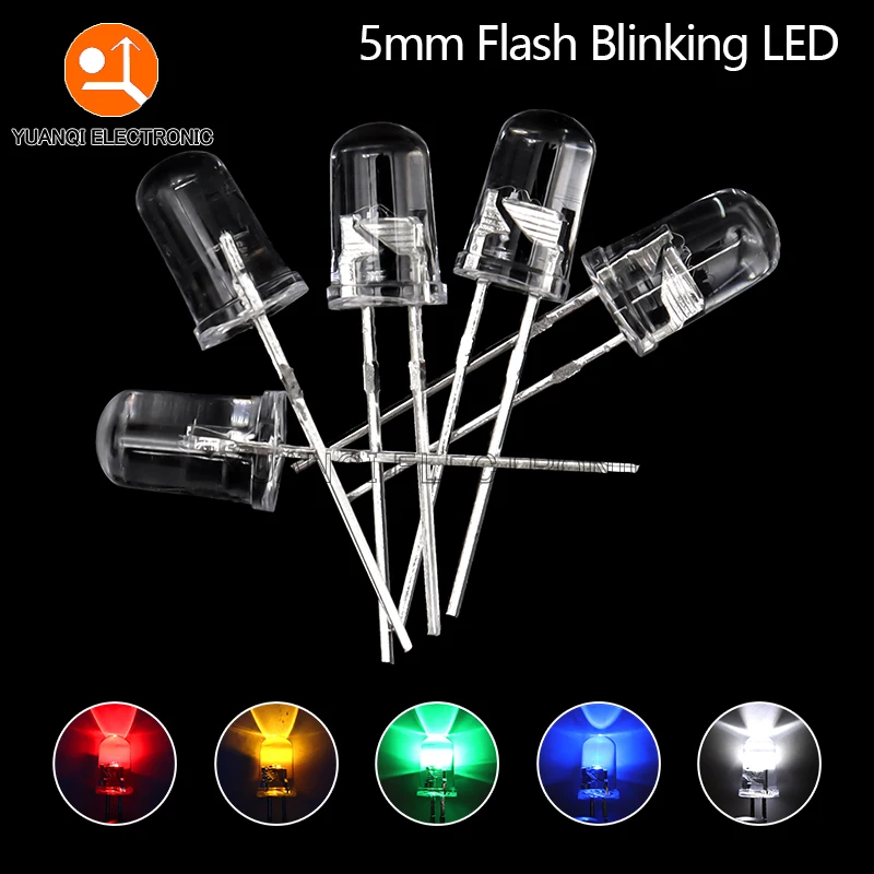 50 sztuk 5mm biały zielony czerwony niebieski żółty dioda elektroluminescencyjna automatyczne miganie kontrola błysku LED miga 5 mm dioda LED 1.5HZ