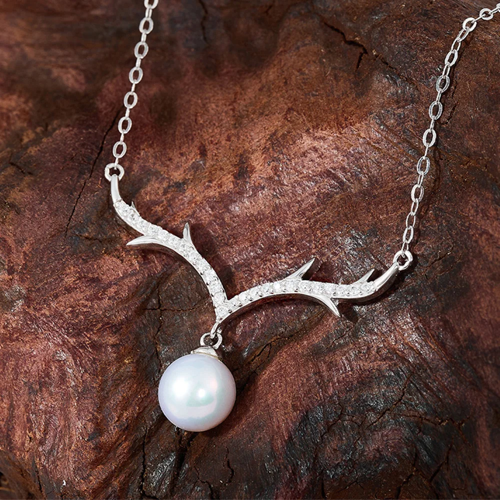 Seulement Antler Branch Necklace 925 Sterling Silver with Freshwater Pearl&Zirconia Elegant Delicate Deer Horn Pendant for Women