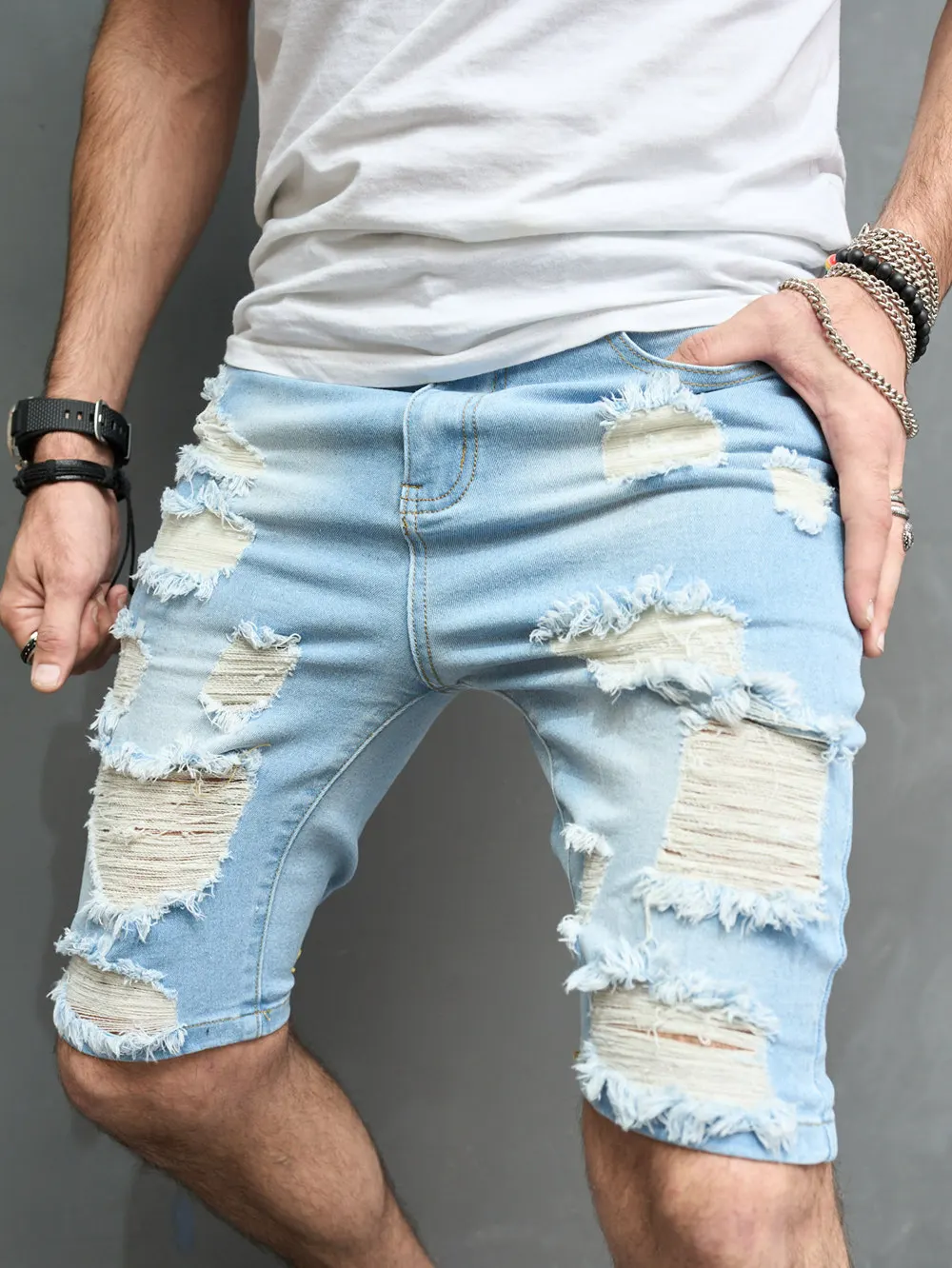 Summer Men Stylish Holes Slim fit Denim Shorts Solid Cotton Casual Male Beach Five-point Pants Jeans Shorts