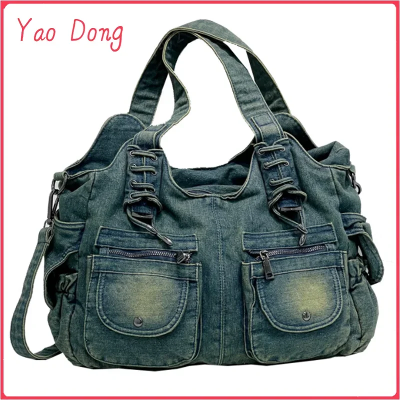 Yao Dong Fashion Women Bag Vintage Casual Denim Handbag Lady Large Capacity Jeans Tote Weave tape Creative Shoulder Messenger Ba