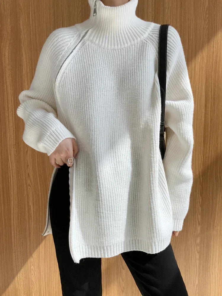 Dolcevita grigio con doppia cerniera, vestibilità ampia, casual, lungo, ispessimento, maglione invernale da donna, moda oversize, retrò, bianco,