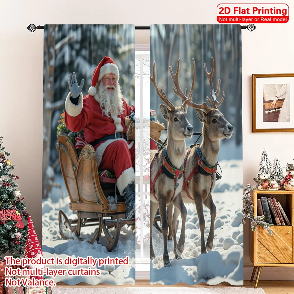 

2pcs 2D flat printing Christmas Scene Curtain Santa Sleigh Reindeer Snow 100% Polyester Fabric Without Electricity Family Party