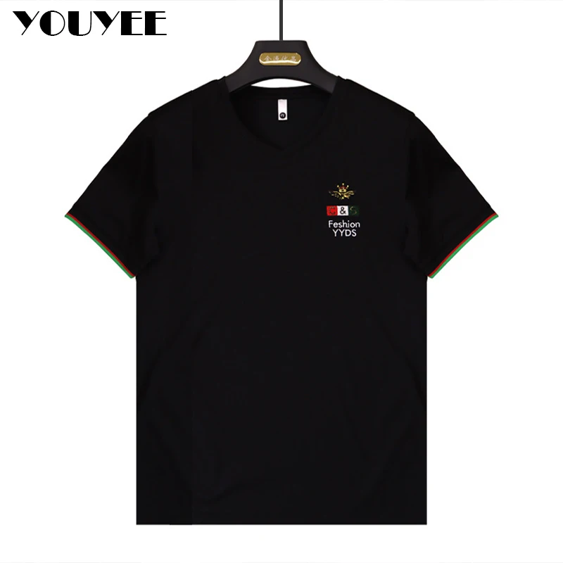 Embroidered Letter V-neck Men\'s T-shirt 2022 New Ice Silk Cotton Slim Male Wear Versatile Comfortable High-quality Tees Clothes