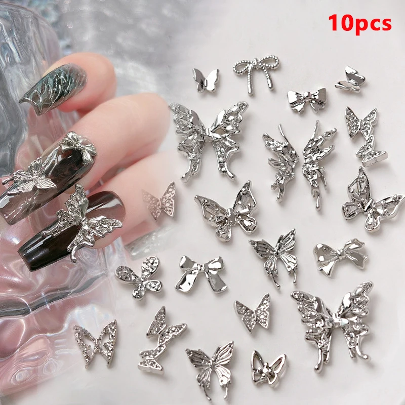 

10PCS Luxury Rhinestones Decorations 3D Silver Alloy Bow Tie Knot Ribbon Butterfly Wings Metal Nail Art Manicure Charms