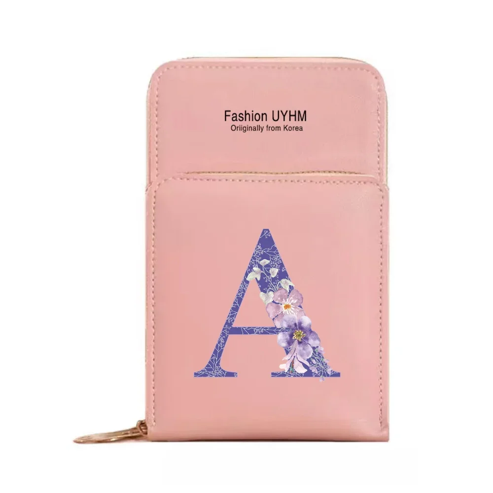 Mobile Phone Bag With Touch Screen Women Bag PU Leather Wallets Card Holder Shoulder Crossbody Pouch Purple Flower Pattern