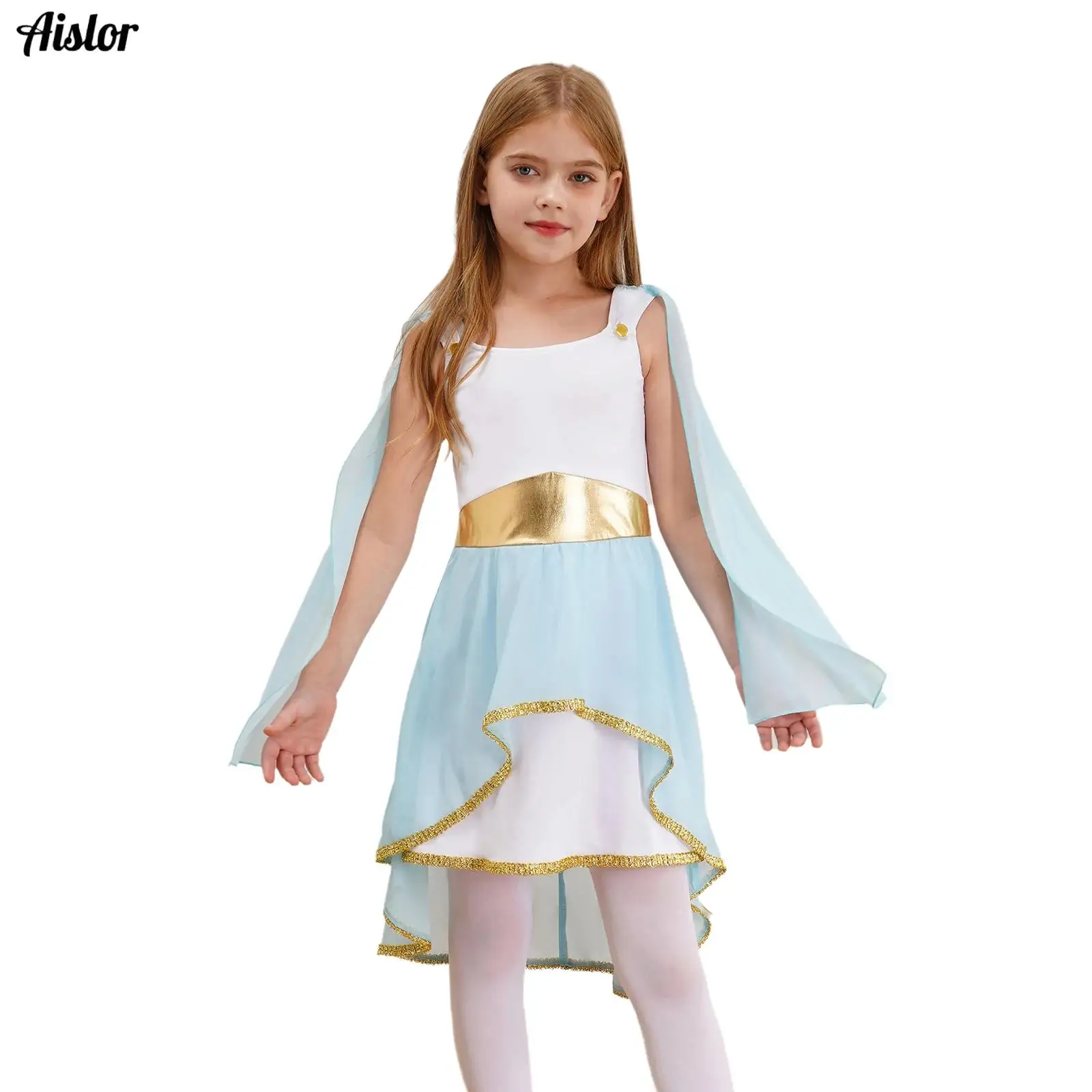 

Kids Girls Ancient Greek Toga Dresses Halloween Cosplay Ancient Rome Princess Dress Sleeveless Mash Asymmetrical Flowy Hem Dress