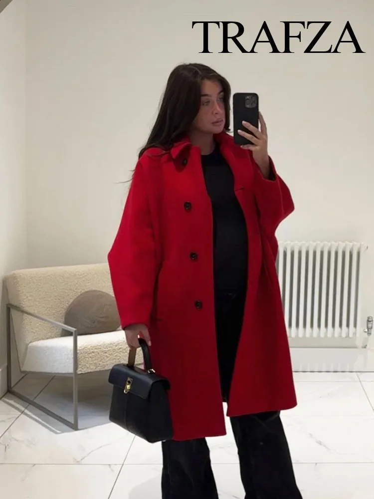 

TRAFZA Women's Winter Elegant Casual Coat Red Turn-Down Collar Long Sleeves Pockets Single Breasted Women New Fashion Coats