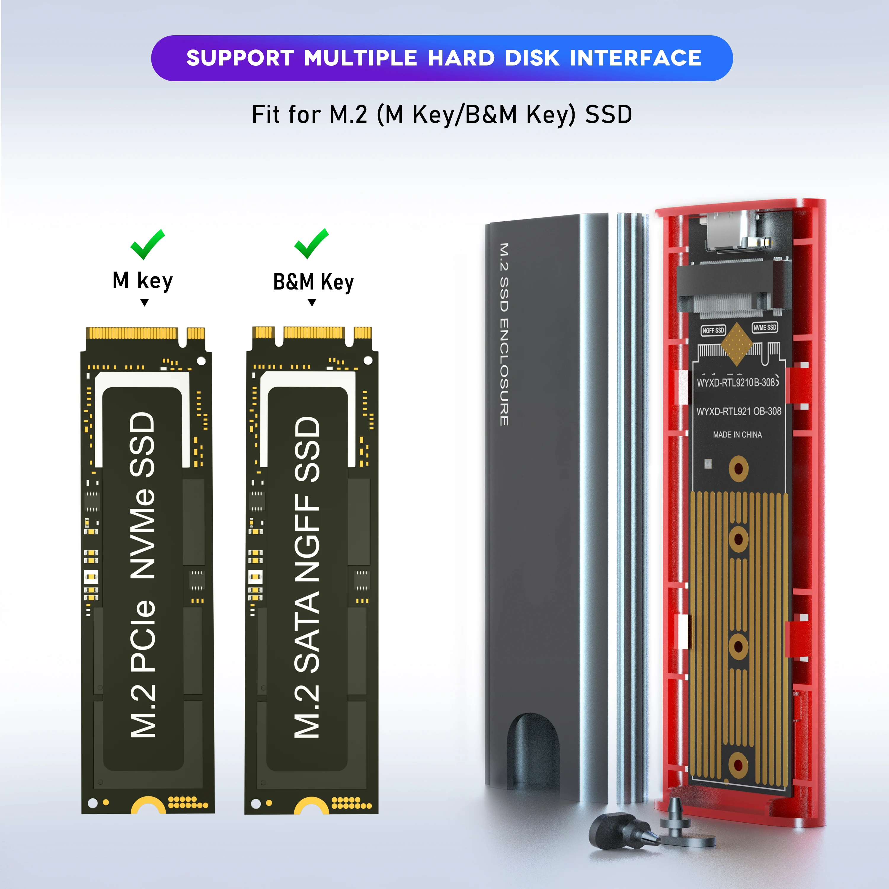 M.2 SSD Enclosure Dual Protocol NVMe SATA Tool Free USB Type-C 10Gbps External Hard Disk Box for M/B&M Key 2230-2280 SSD Max 2TB