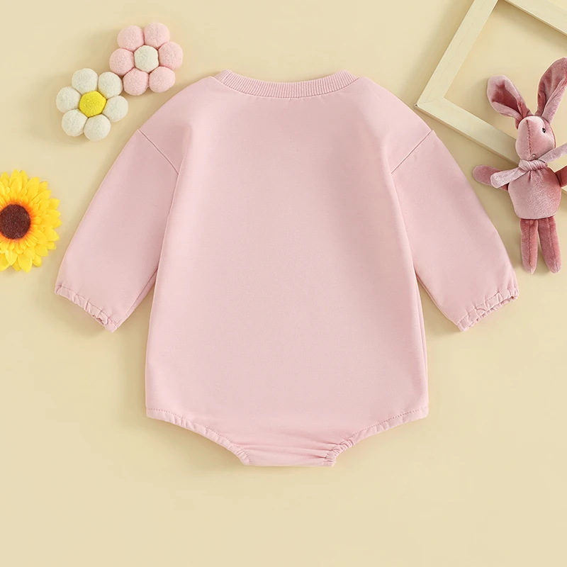 

Easter Toddler Baby Rompers Long Sleeve Bunny Ear Letter Print Contrast Color Romper Sweatshirt Bubble Oversized Easter Bunny