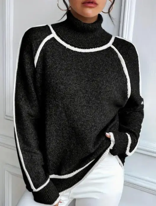 Suéter versátil informal suelto bloqueado de Color de cuello alto de invierno para mujer, suéter de punto suelto informal y de moda