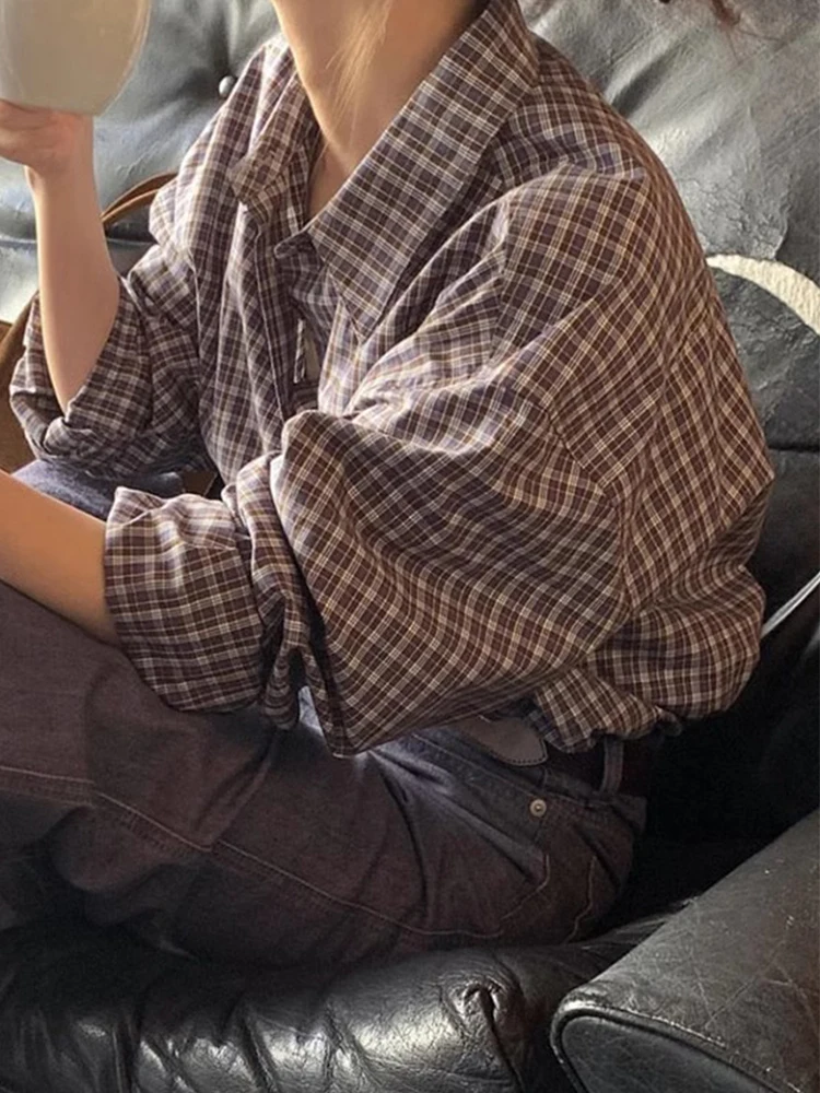 

Женская хлопковая рубашка в клетку Lerobe, свободного кроя, с длинными рукавами, отложным воротником, в повседневном стиле, весна-лето, новая корейская версия, топ