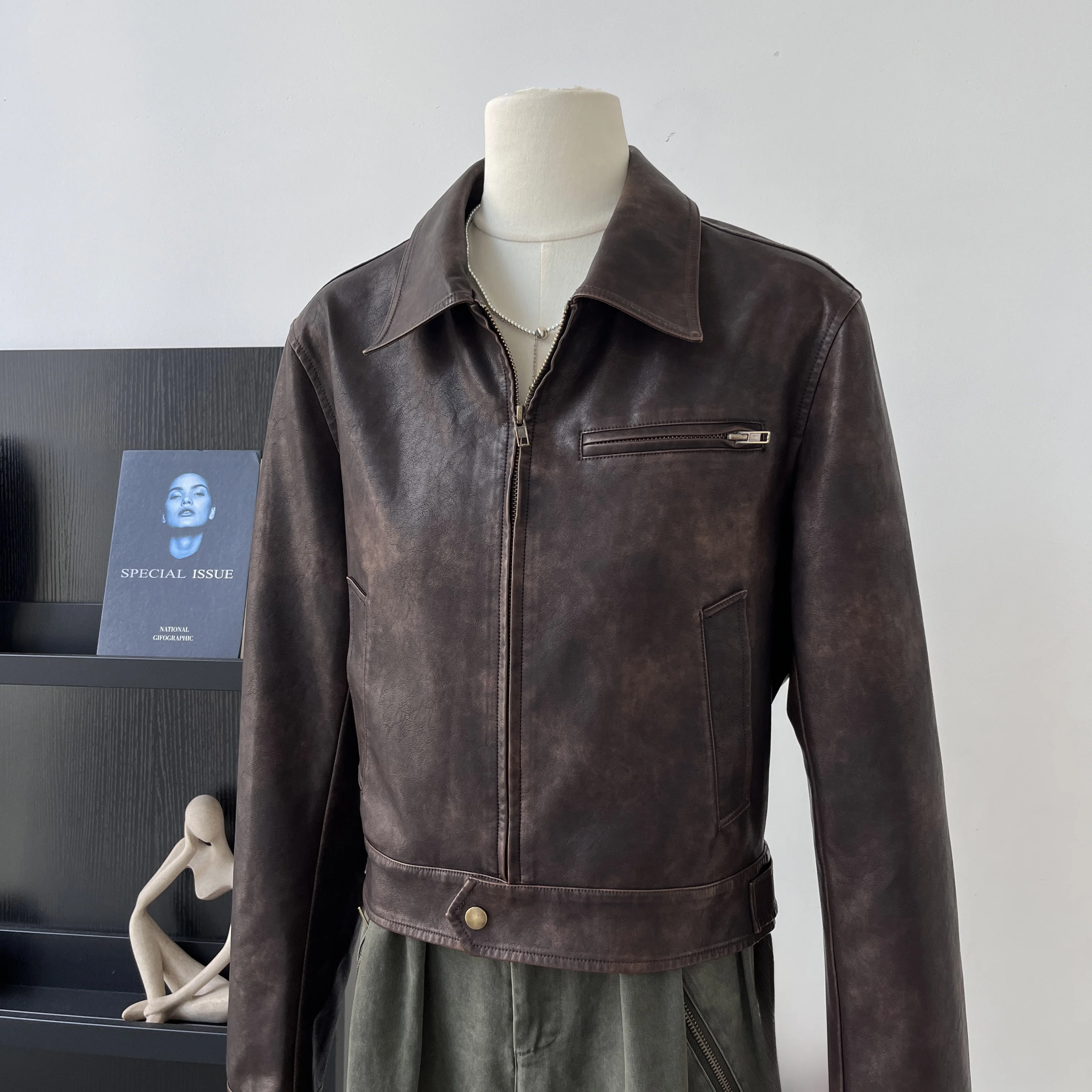 

Women's Chic Spring Autumn Pu Leather Zipper Slim Short Jacket Lady Streetwear Turn Down Collar Long Sleeve Faux Leather Outwear