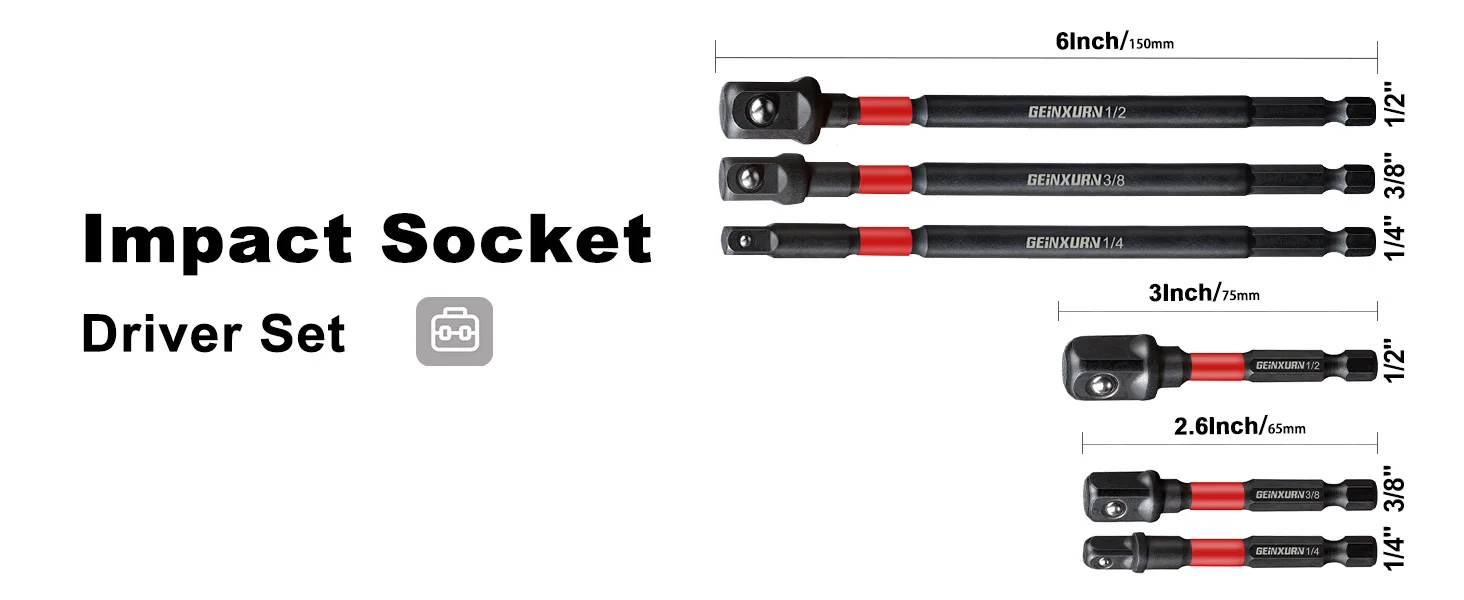 Geinxurn Schlagschrauber-Adapter-Set, 1/4 Zoll 3/8 Zoll und 1/2 Zoll Antrieb, Verlängerungsbit mit Halter, anpassbarer Bohrmaschine an Schlagschrauber mit hohem Drehmoment – Detail 2