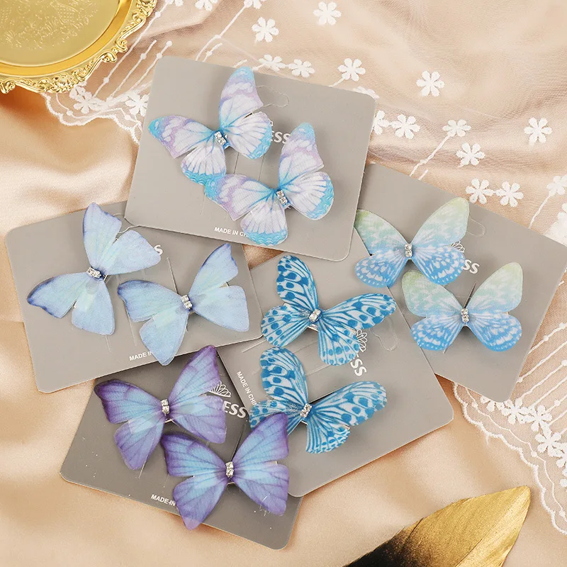 Colorful Simulation Butterfly Hair Clips Two Layers Ribbon Sweet Hair Ornament Headband Hairpins Kids Hair Accessories