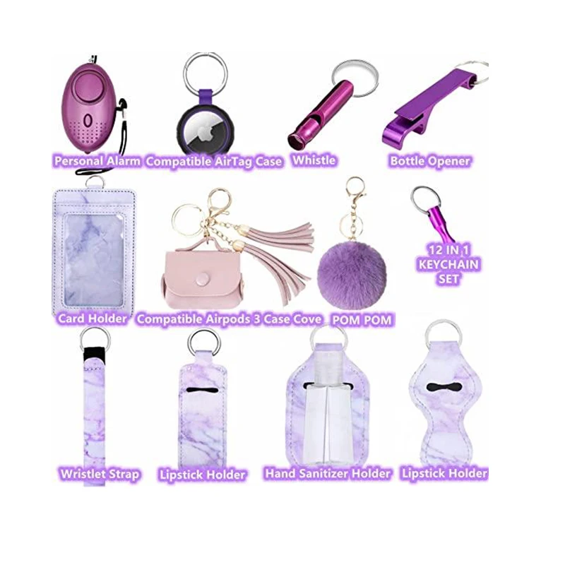 12pcs Safety Keychain Set For Women Self Defense Key chain Set with Alarm and Card Holder Bottle