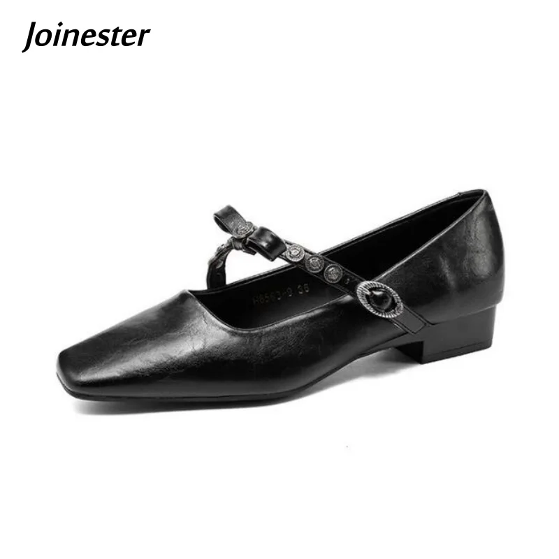 Ladies Square Toe Low-Heeled Sheepskin Mary Jane Shoe for Summer Autumn Fashion Dress Pumps with Butterfly-knot