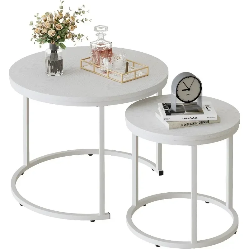 Nesting Coffee Table Round Side Desk Set of 2 End Tables for Living Room Bedroom Balcony,White Wooden