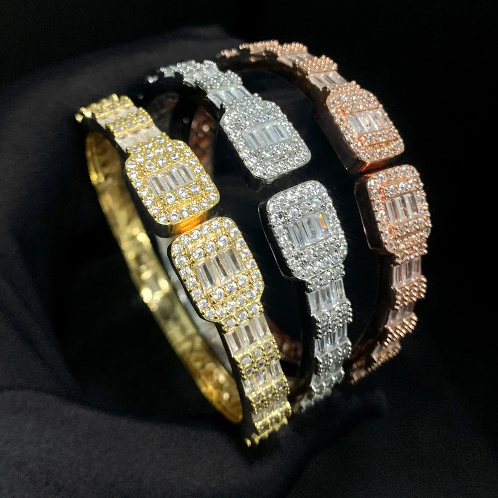 Hip hop New Open Square Zircon Bracelet with Diamond Set Full Diamond Men's and Women's Handpieces