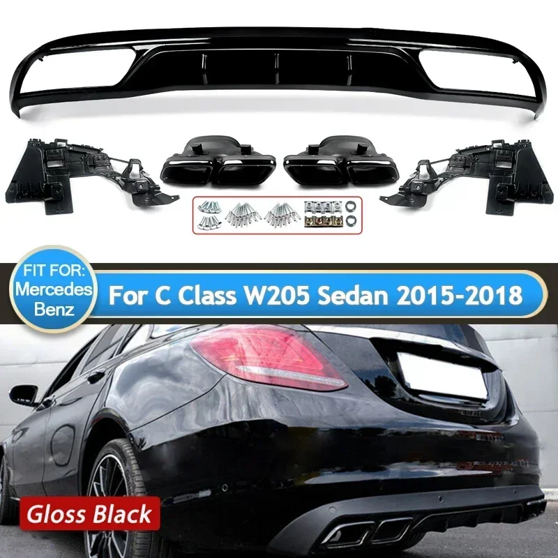 W205 AMG Style Black Rear Bumper Diffuser For Mercedes W205 C Class Classic Model 2015-2018 4-outlet Exhaust Tips Endpipe