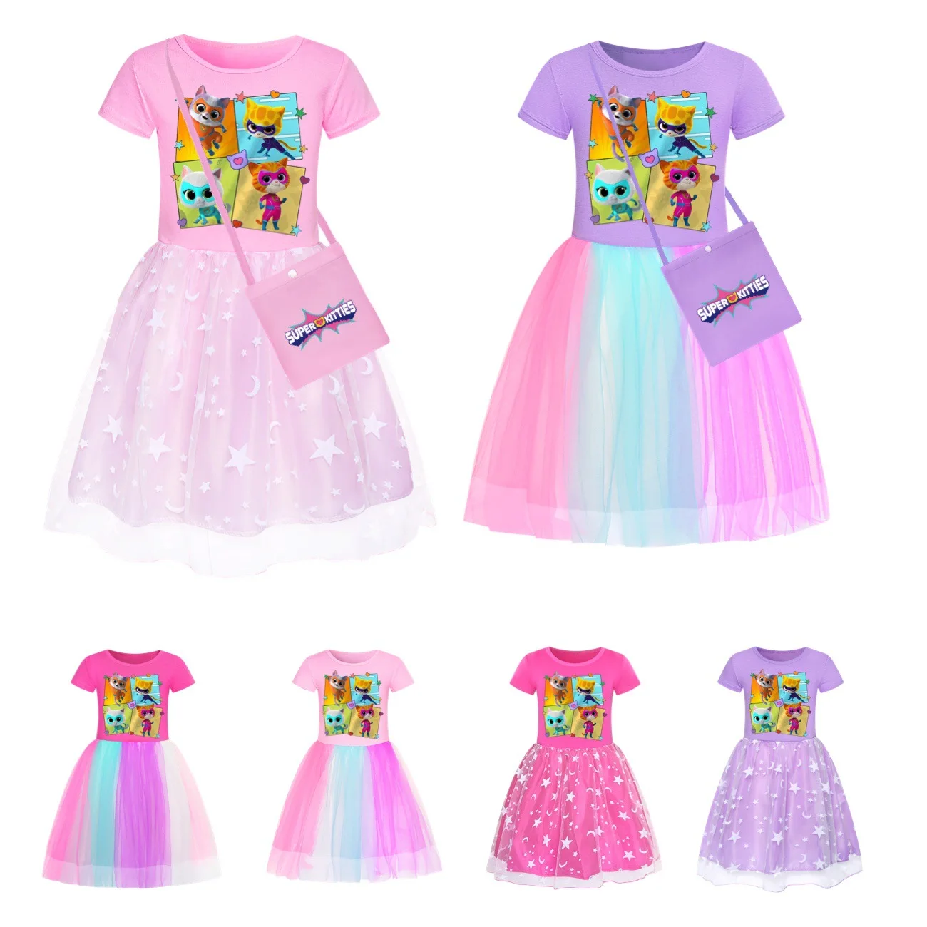 Cute Super Kitties Clothes Kids Short Sleeves A-Line Dress for Girls Casual Dresses+Bag Super Kitties Party Vestidos