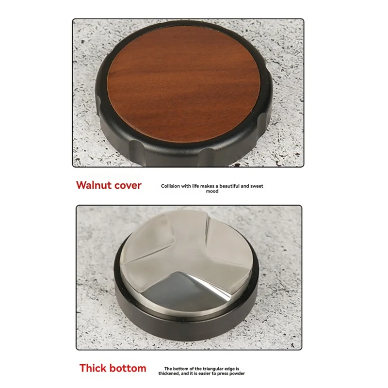 ABKJ-Coffee Distributor Tamper Walnut Cover Coffee Leveler Adjustable Depth Espresso Hand Tampers Black 53Mm