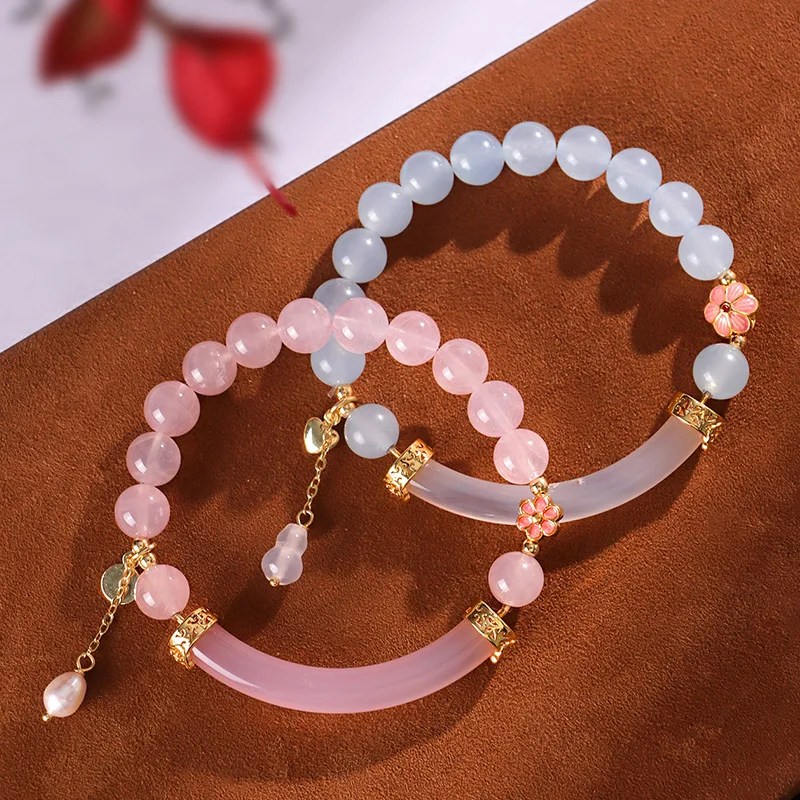 New Freshwater Pearl Horse Powder Crystal Beaded Half Bracelet Ins Gifts Women's Fresh Sweet Blue Chalcedony Hand String Jewelry