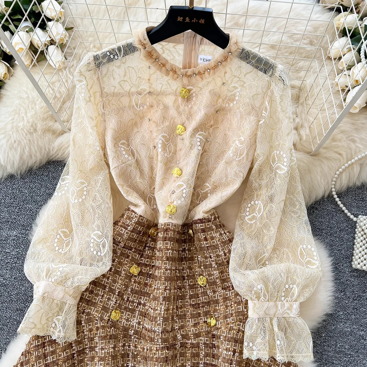 Small Fragrance French Luxury Beaded Embroidery Lace Stitching Woolen Tweed Plaid Ruffles Metal Buttons Sweet Girls Fairy Dress