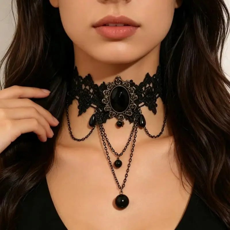 Neue Sexy Gothic Choker Kristall Schwarze Spitze Halskette Vintage Damen Choker Steampunk Schmuck – Detail 3