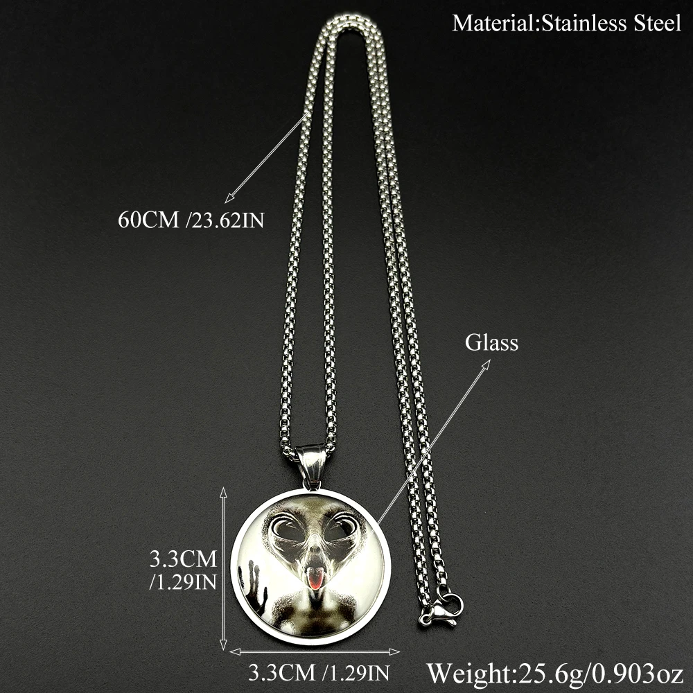 Lustige Alien-Gesicht-Anhänger-Halskette für Damen und Herren, Edelstahl, Glas, Schwarz, Punk, Goth, Herrenkette, Party, Hiphop, Schmuck, Geschenk – Detail 3