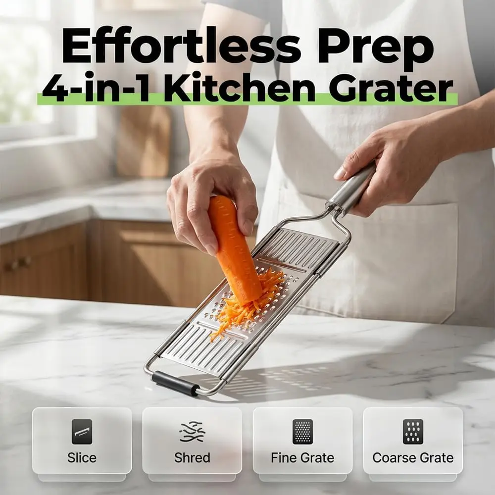 Rallador de Alimentos Manual, Set Profesional para Rallar y Rebanar con 4 Cuchillas Intercambiables para Limón, Queso, Ajo, Jengibre, Chocolate, Verduras y Frutas