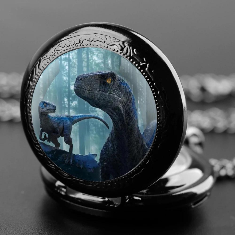 Prehistoric Dino Park Glass Cover Quartz Pocket Watch With Heavy-Duty Chain Arabic Numeral Display Great Halloween Presents