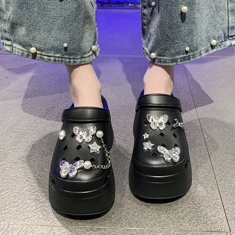 Women's Shoes 36-41 Silent Platform Slippers Outdoor Metallic Sandals Spring Breathable High Heels Light Casual Shoes