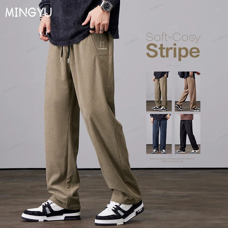 Brand Clothing Autumn Winter Stripe Corduroy Pants Men Elastic Waist Drawstring Straight Thick Outdoors Loose Casual Trousers