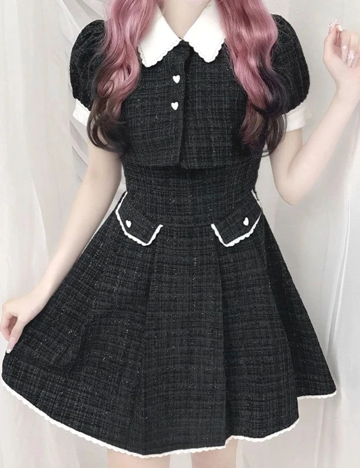 

Japanese Sweet and Cute Doll Collar Bubble Short Sleeved Waist Woolen Dress Women 25 New Elegant Commuter Pleated Plaid Dresses