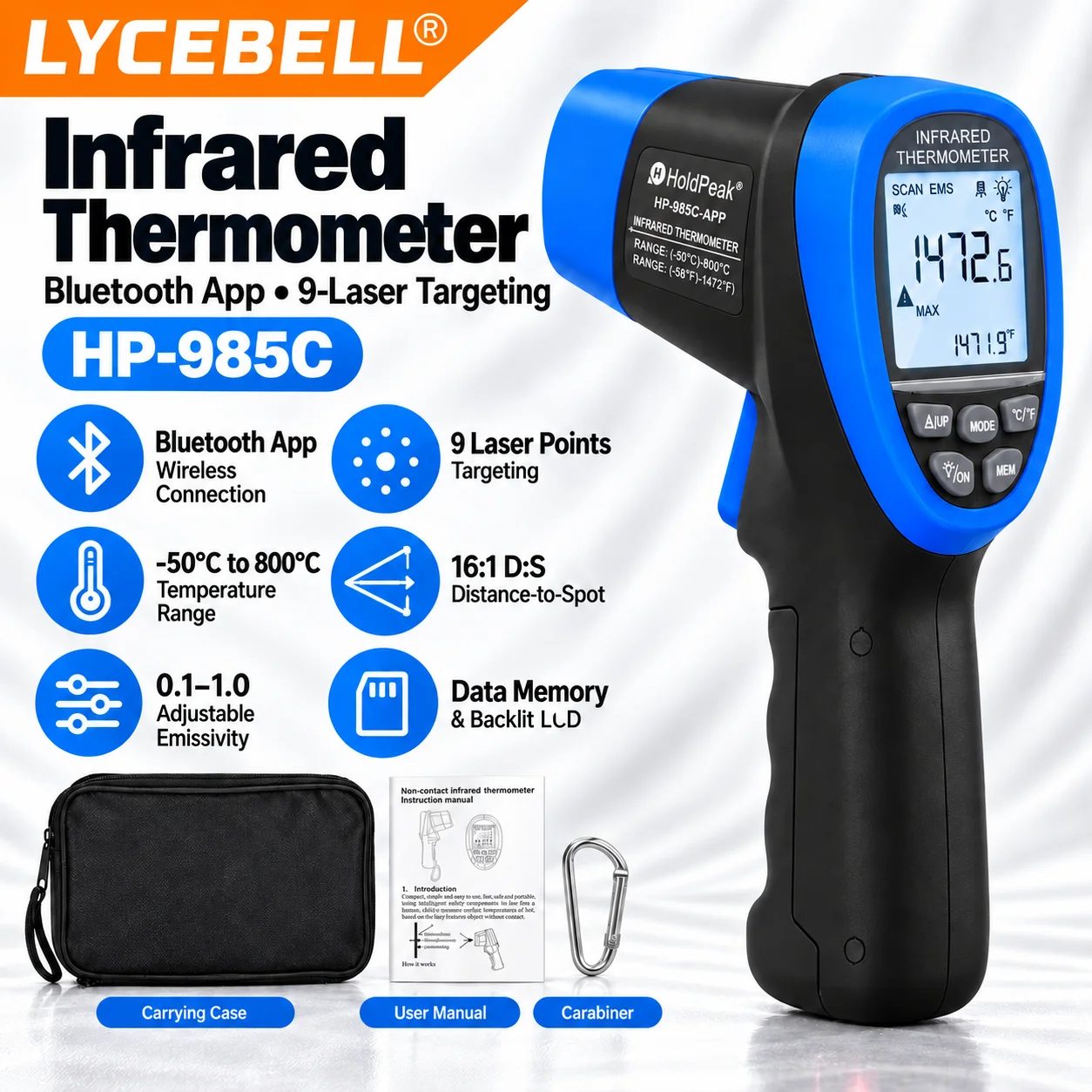 Infrared Thermometer Gun with Bluetooth App Access, -50°C to 800°C, Laser Targeting and Adjustable Emissivity, HoldPeak 985C-APP
