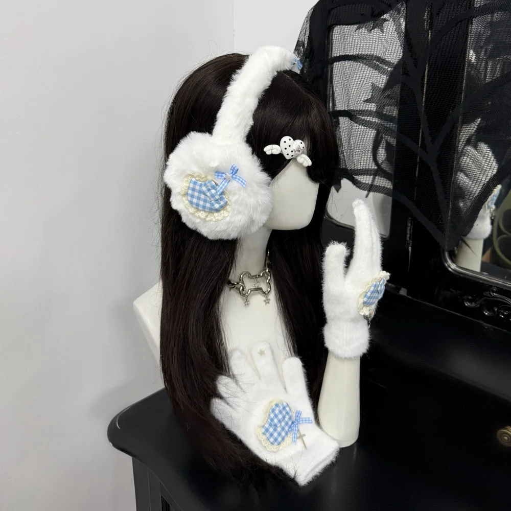 Y2K Subcultural folding plush Gothic Earmuff Sweet Korean girl Grid cycling skiing ear protection Outdoor decorative accessories