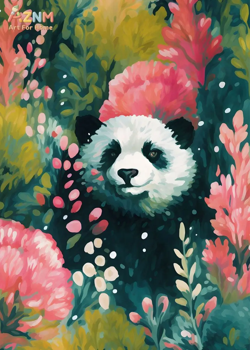 AZNM Colorful Jungle Panda Canvas Wall Art Cute Giant Panda Pink Floral Plant Oil Painting Print Unframed Canvas For Kids Room B