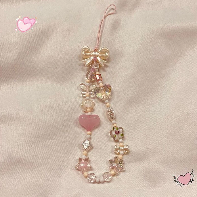 Koreanische Version des Lieblichen Rosa Kirschblüten-Liebesbogen-Perlen-Handykettchen-Taschenanhängers Schlüsselanhänger Rucksackanhänger Geschenk – Detail 1