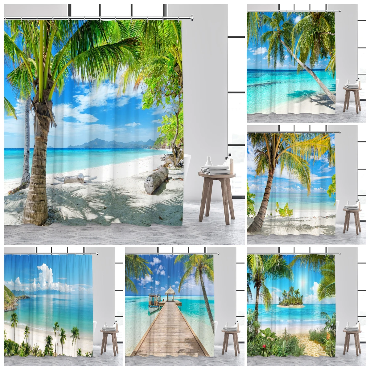 

Seaside Beach Shower Curtains Blue Ocean Island Coconut Trees Tropical Hawaii Nature Landscape Bathroom Curtain Decor with Hooks