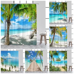 Seaside Beach Shower Curtains Blue Ocean Island Coconut Trees Tropical Hawaii Nature Landscape Bathroom Curtain Decor with Hooks
