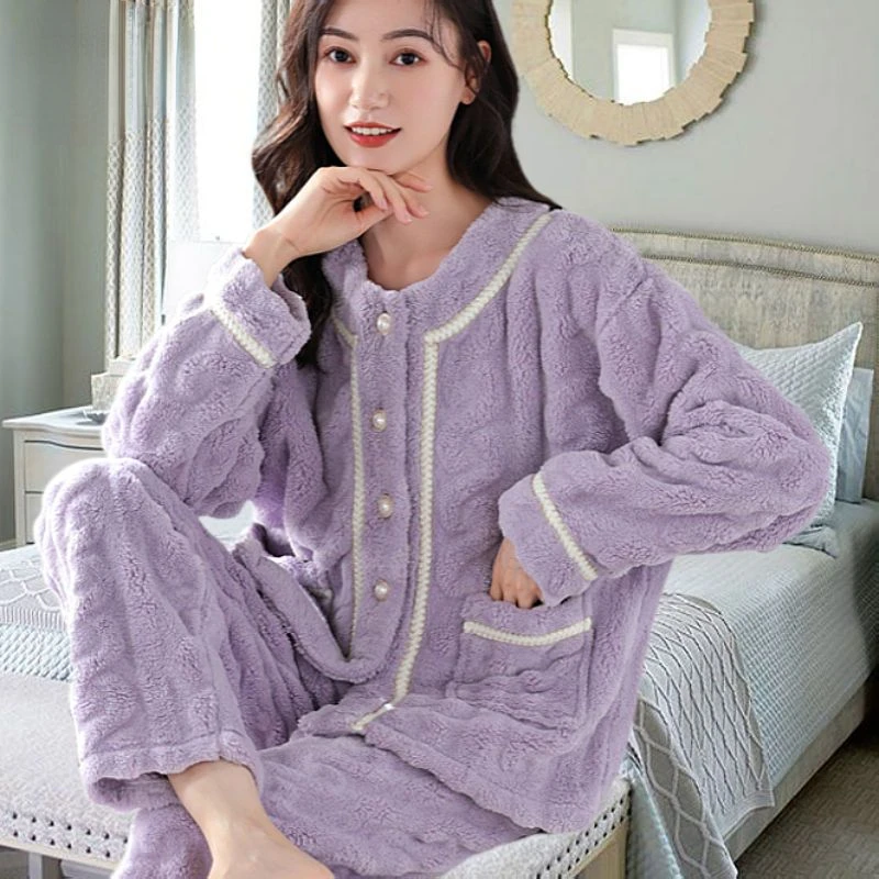 2024 New Coral Velvet Pajamas Women Autumn Winter Fleece Thickening Sleepwear Middle-aged and Elderly Mothers Flannel Loungewear