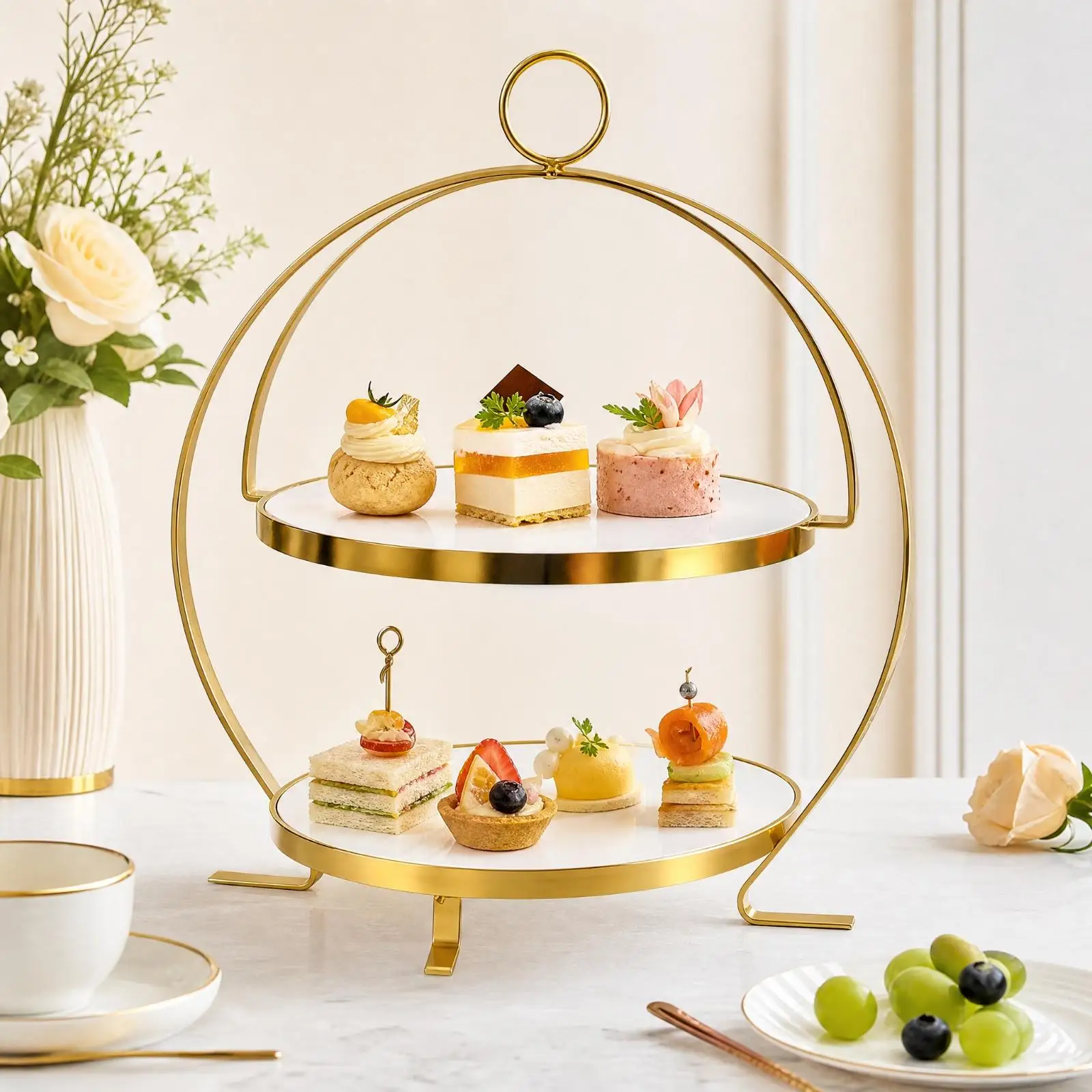 Elegant 2 Tier Ceramic Cake Stand Gold Metal Pastry Display Rack for Afternoon Tea Birthday Party Dessert Table Decoration